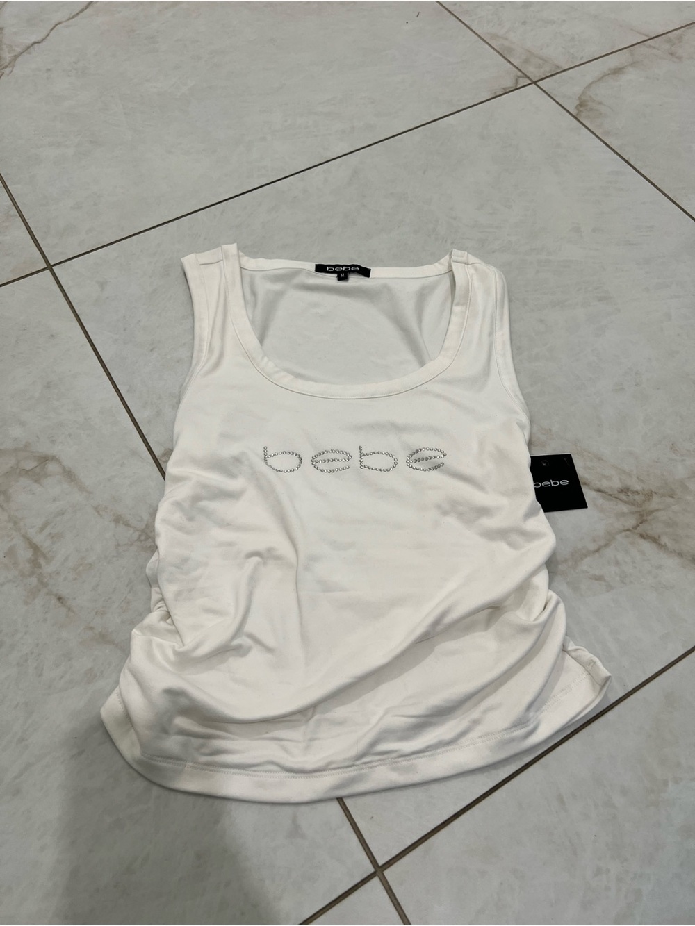 NWT Bebe White Rhinestone Logo Y2K Tank Top Size Medium